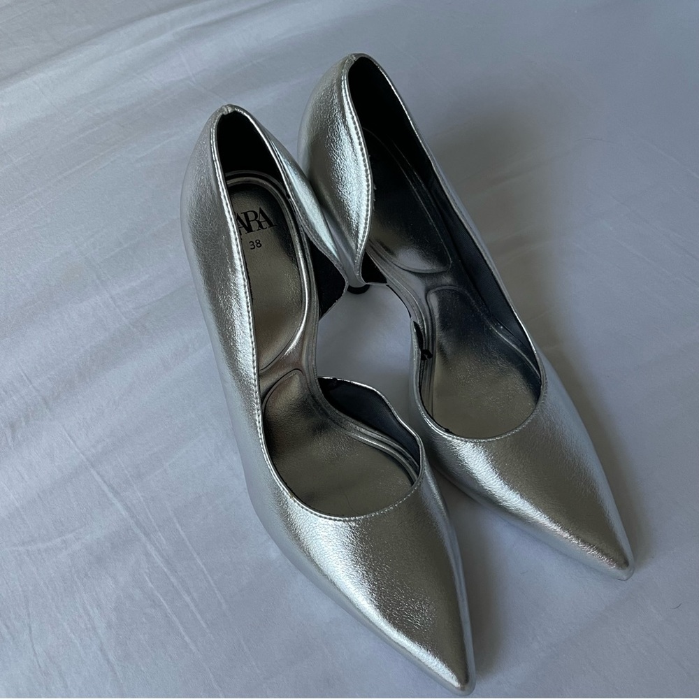 ZARA ASYMMETRIC SILVER METALLIC HEELS